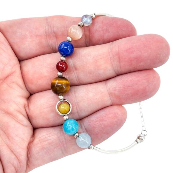 Sterling Silver Solar System Bracelet | Planet Gemstone Beaded Jewelry 7”-8.5” - Picture 1 of 6